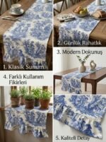 Fransız Köylü Desenli Fırfırlı Masa Runnerı Lacivert(Ranır) Leke Tutmaz Keten Kumaş 40x140cm - Görsel 2