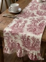 Fransız Köylü Desenli Fırfırlı Masa Runnerı Bordo(Ranır) Leke Tutmaz Keten Kumaş 40x140cm