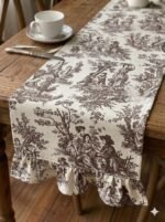 Fransız Köylü Desenli Fırfırlı Masa Runnerı Kahverengi (Ranır) Leke Tutmaz Keten Kumaş 40x140cm