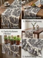 Fransız Köylü Desenli Fırfırlı Masa Runnerı Antrasit(Ranır) Leke Tutmaz Keten Kumaş 40x140cm - Görsel 2