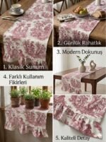 Fransız Köylü Desenli Fırfırlı Masa Runnerı Bordo(Ranır) Leke Tutmaz Keten Kumaş 40x140cm - Görsel 2