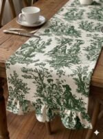 Fransız Köylü Desenli Fırfırlı Masa Runnerı Yeşil(Ranır) Leke Tutmaz Keten Kumaş 40x140cm
