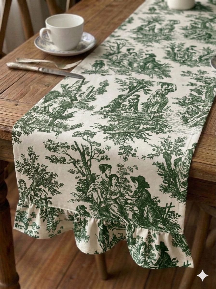 tttttt Fransız Köylü Desenli Fırfırlı Masa Runnerı Yeşil(Ranır) Leke Tutmaz Keten Kumaş 40x140cm - Görsel 1