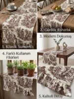 Fransız Köylü Desenli Fırfırlı Masa Runnerı Kahverengi (Ranır) Leke Tutmaz Keten Kumaş 40x140cm - Görsel 2