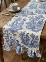 Fransız Köylü Desenli Fırfırlı Masa Runnerı Lacivert(Ranır) Leke Tutmaz Keten Kumaş 40x140cm