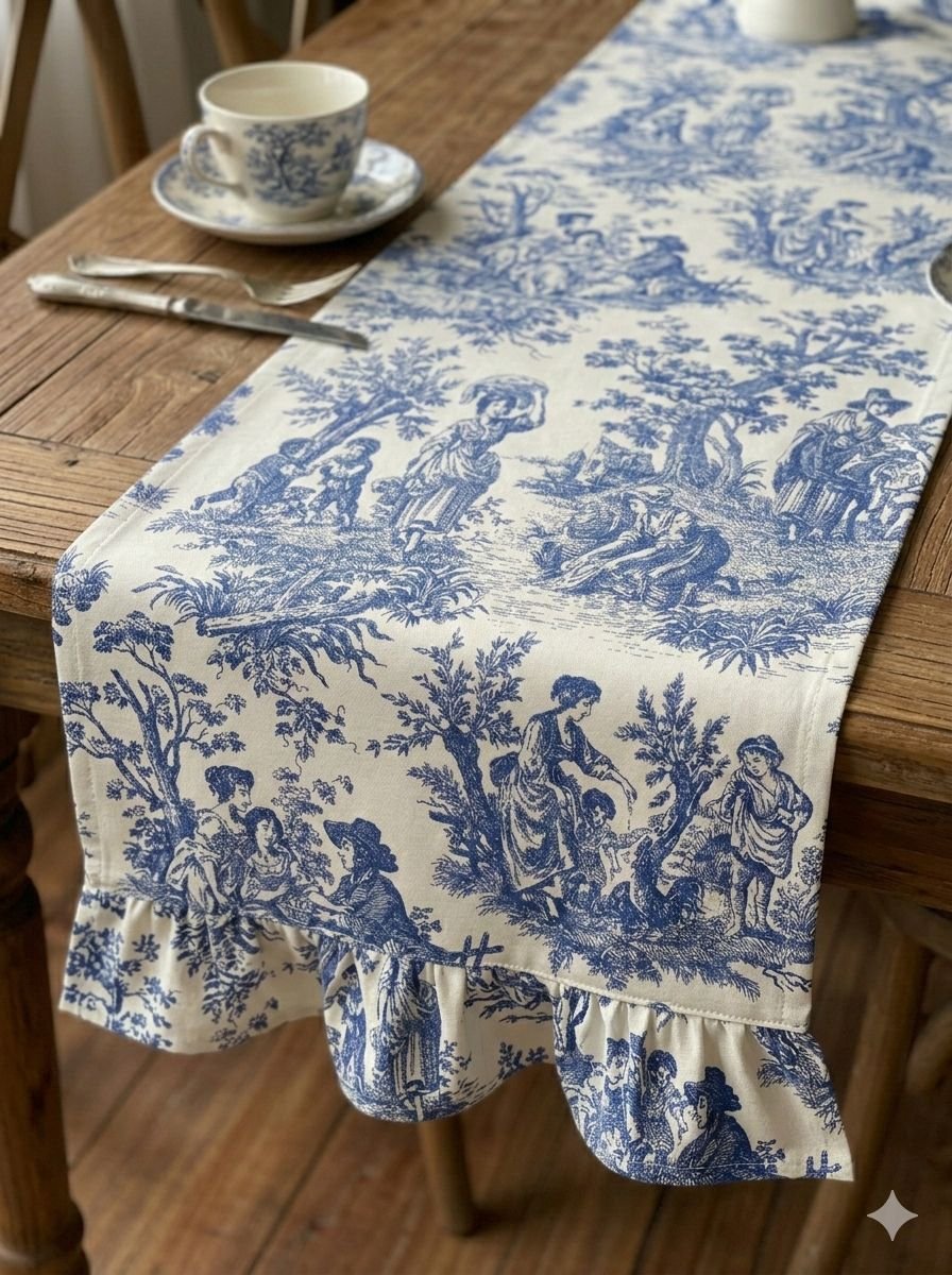 vvvvvvvv Fransız Köylü Desenli Fırfırlı Masa Runnerı Lacivert(Ranır) Leke Tutmaz Keten Kumaş 40x140cm - Görsel 1