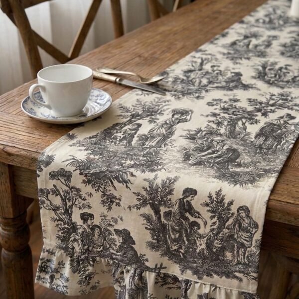 Fransız Köylü Desenli Fırfırlı Masa Runnerı Antrasit(Ranır) Leke Tutmaz Keten Kumaş 40x140cm