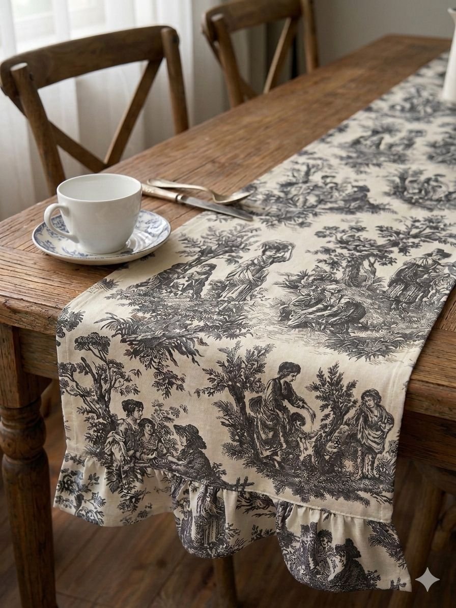 wwww Fransız Köylü Desenli Fırfırlı Masa Runnerı Antrasit(Ranır) Leke Tutmaz Keten Kumaş 40x140cm - Görsel 1