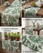 Fransız Köylü Desenli Fırfırlı Masa Runnerı Yeşil(Ranır) Leke Tutmaz Keten Kumaş 40x140cm - Görsel 2